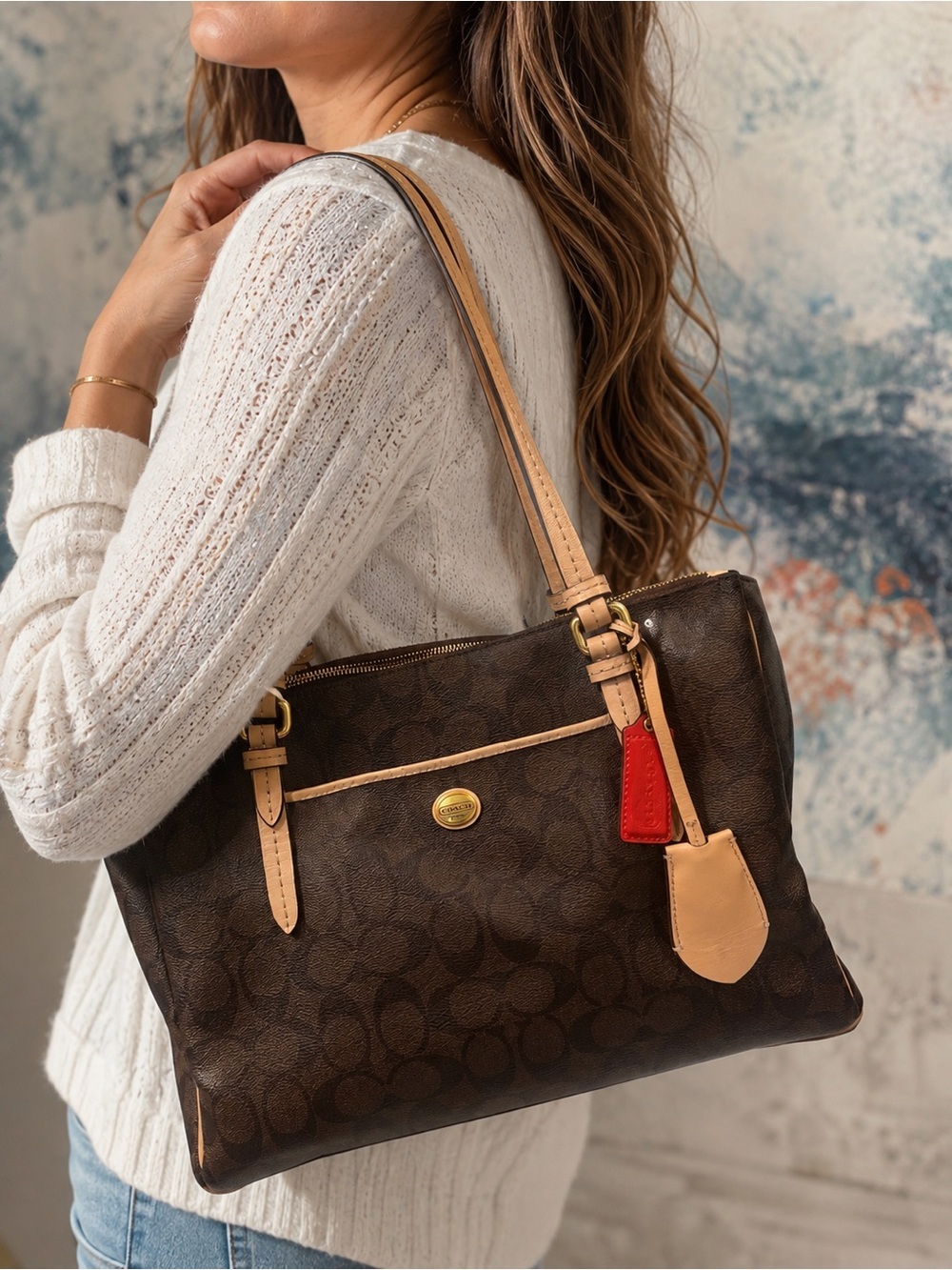 Coach Signature Payton Jordon Double Zip Signature Carryall Shoulder Tote Bag